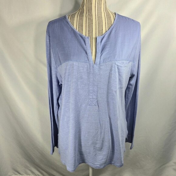 GAP Blue Notched V Neck Long Sleeve Cotton Blend Pullover Top Size Large - Picture 1 of 9